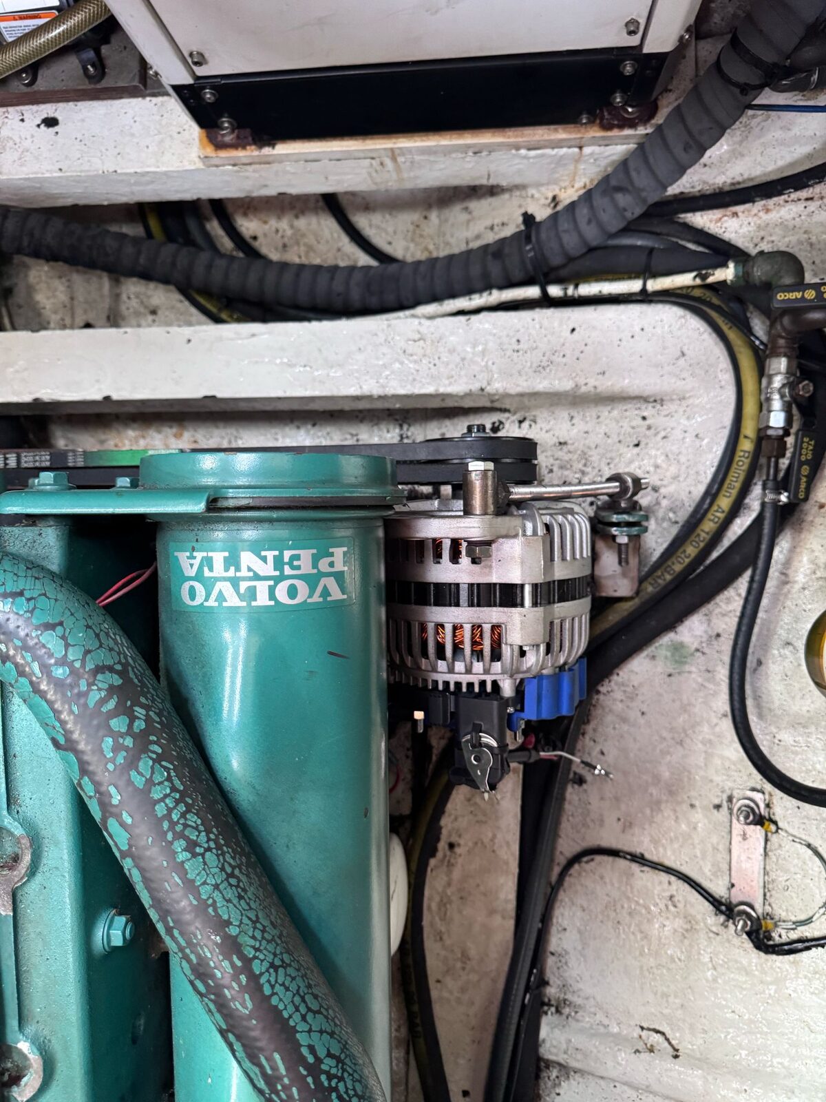The Mastervolt alternator mounted on the Volvo Penta engine aboard Gran Blau