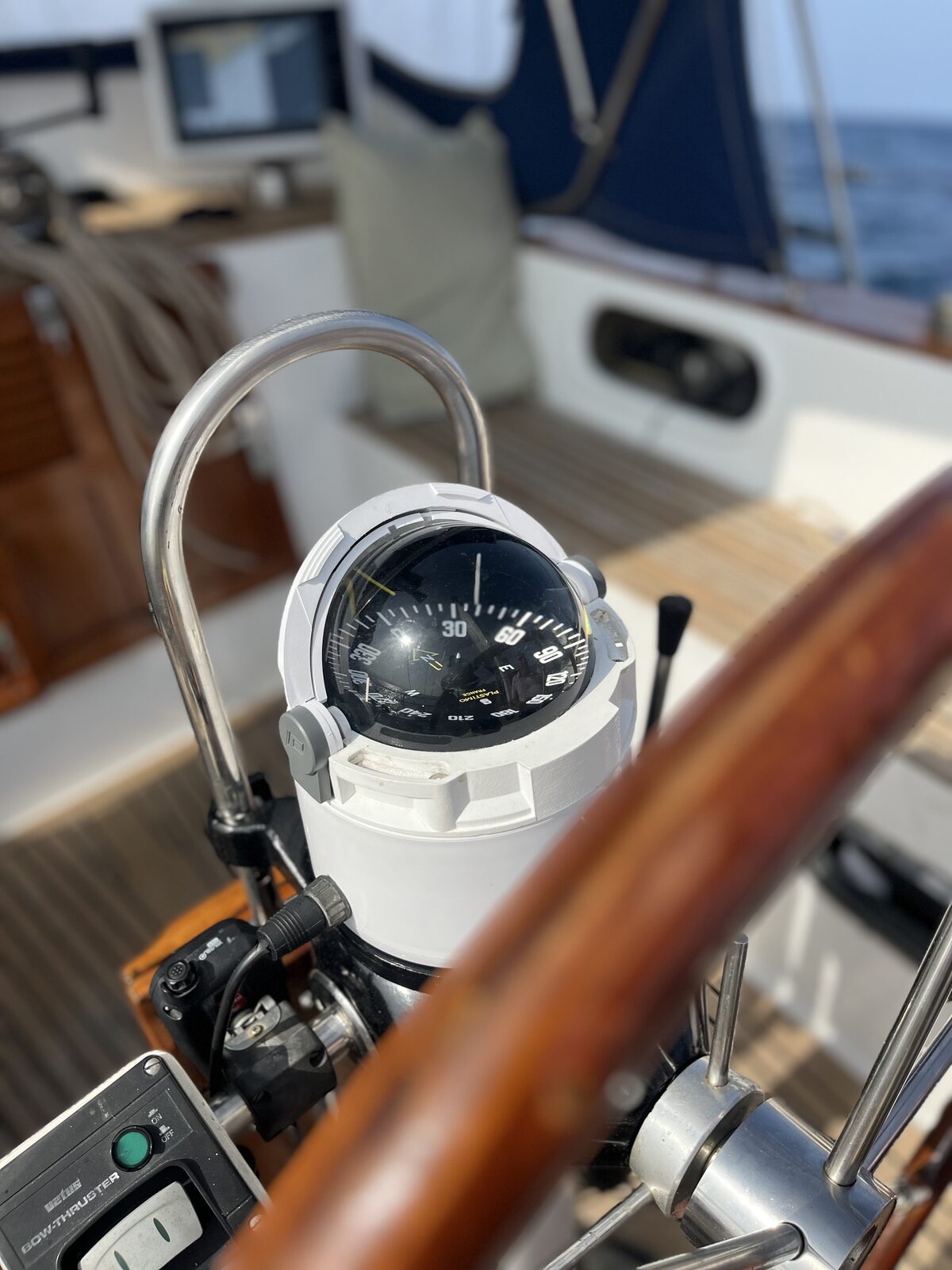 The new compass fitted to the binnacle aboard Gran Blau