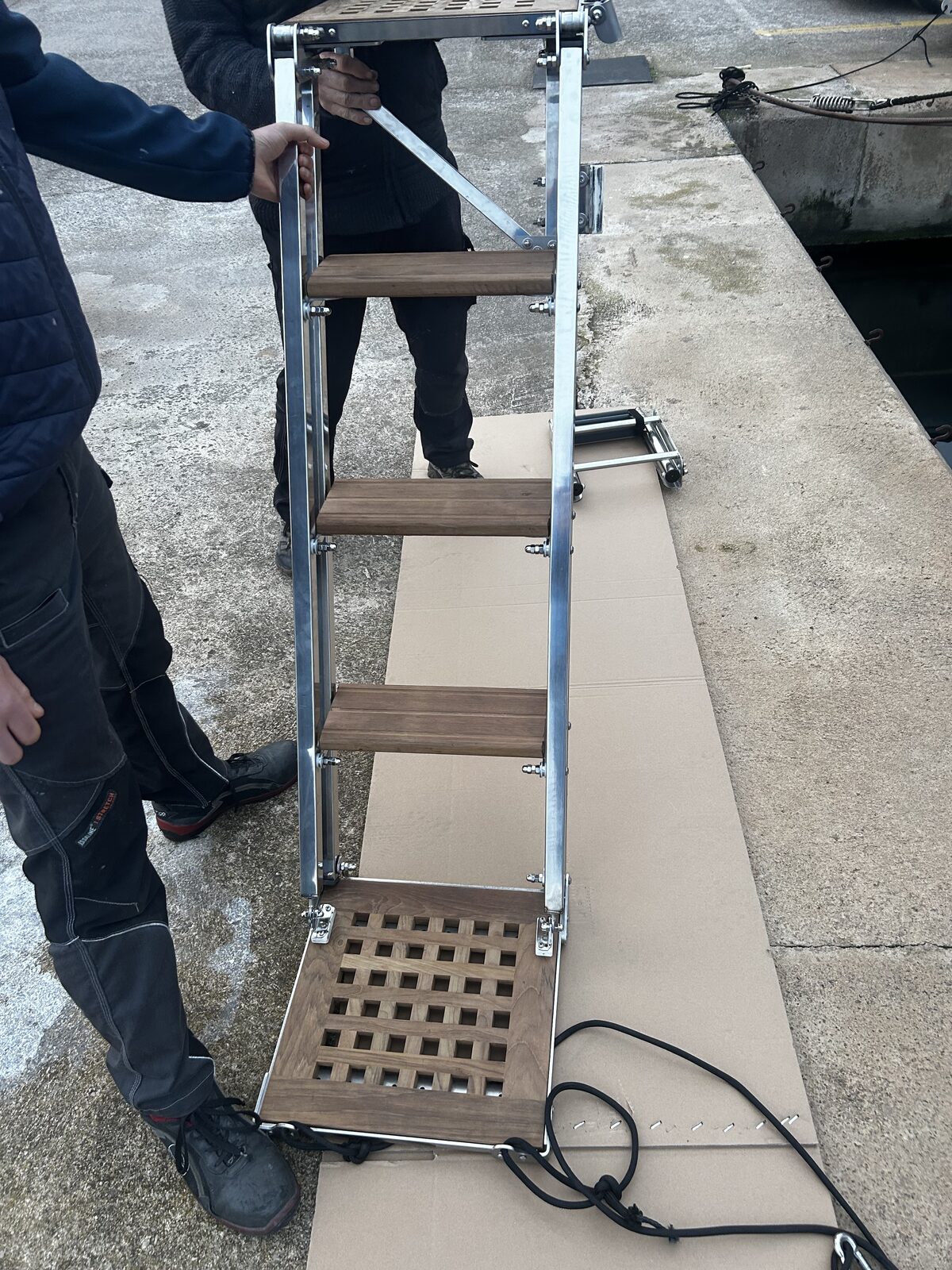 Checking over the boarding ladder during the build