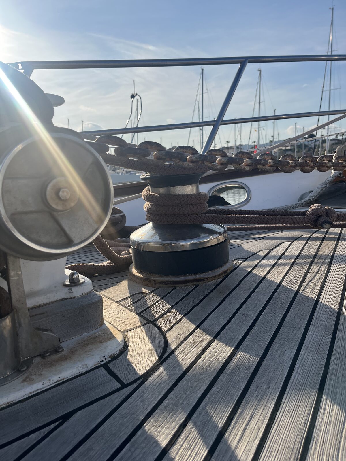 The Lewmar bow winch mounted behind the windlass aboard Gran Blau