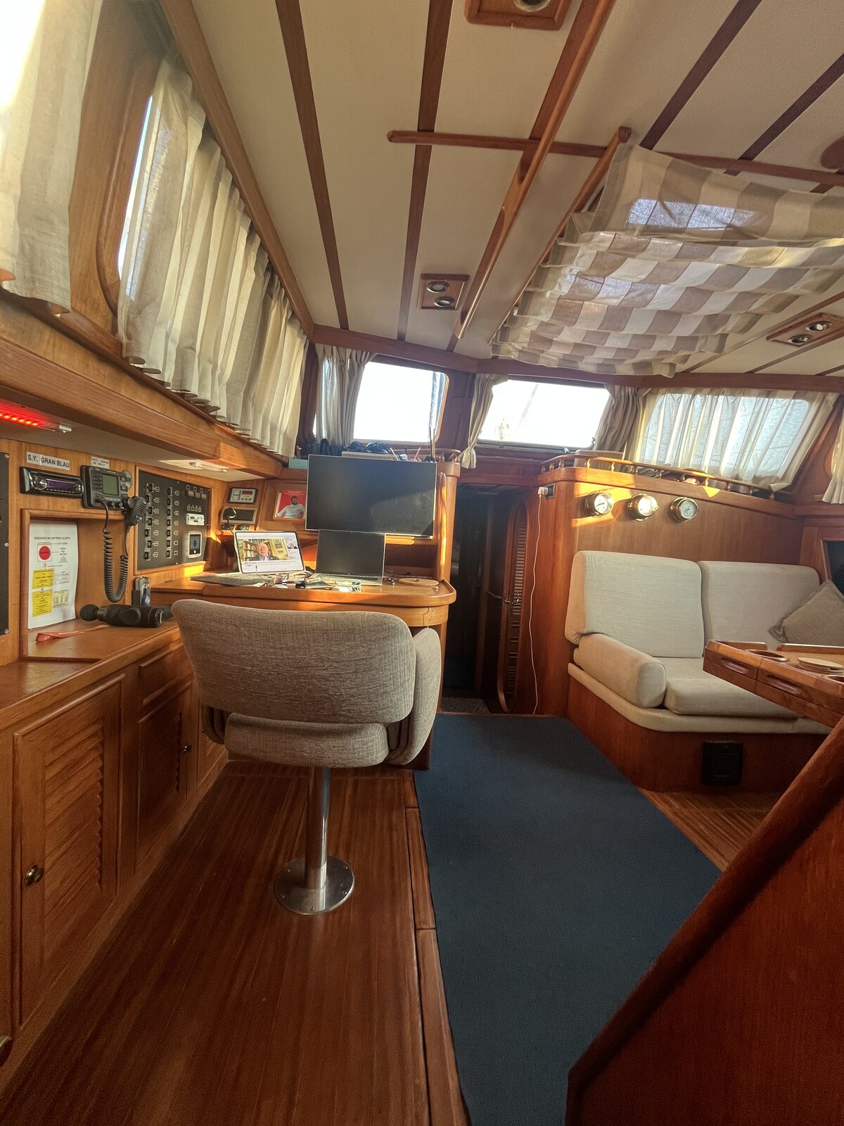The chart table and nav station aboard Gran Blau