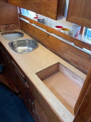 The finished new galley worktop with sink and hob cutout