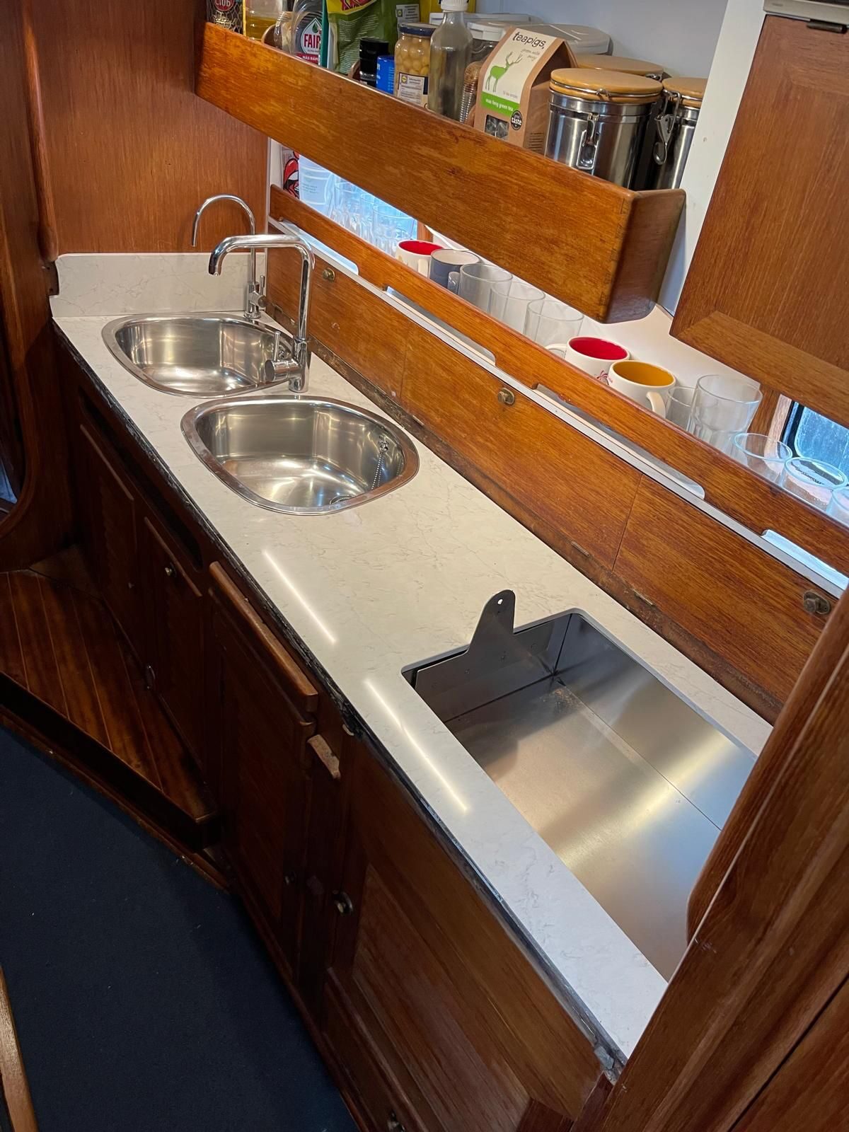 The new Corian worktop and sinks fitted aboard Gran Blau, before the gimballed hob was installed