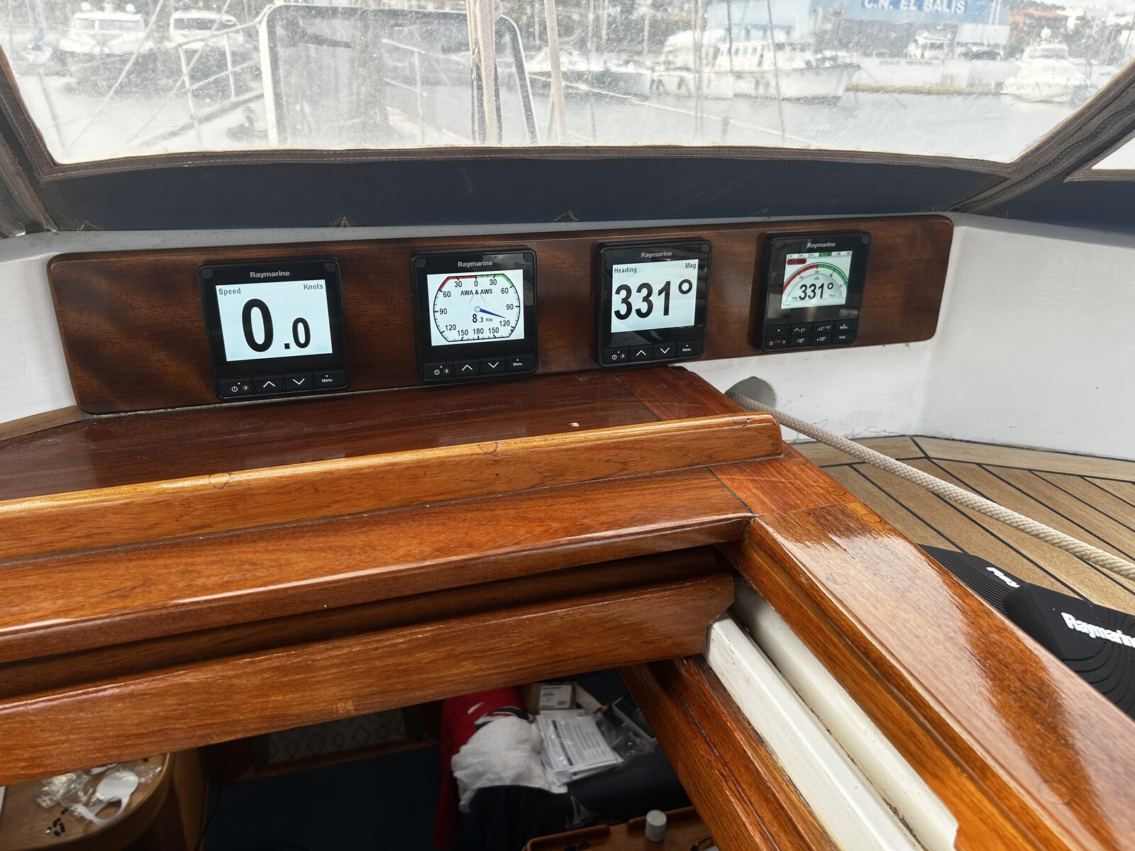 The Raymarine instrument console aboard Gran Blau, showing speed, wind, heading and autopilot control
