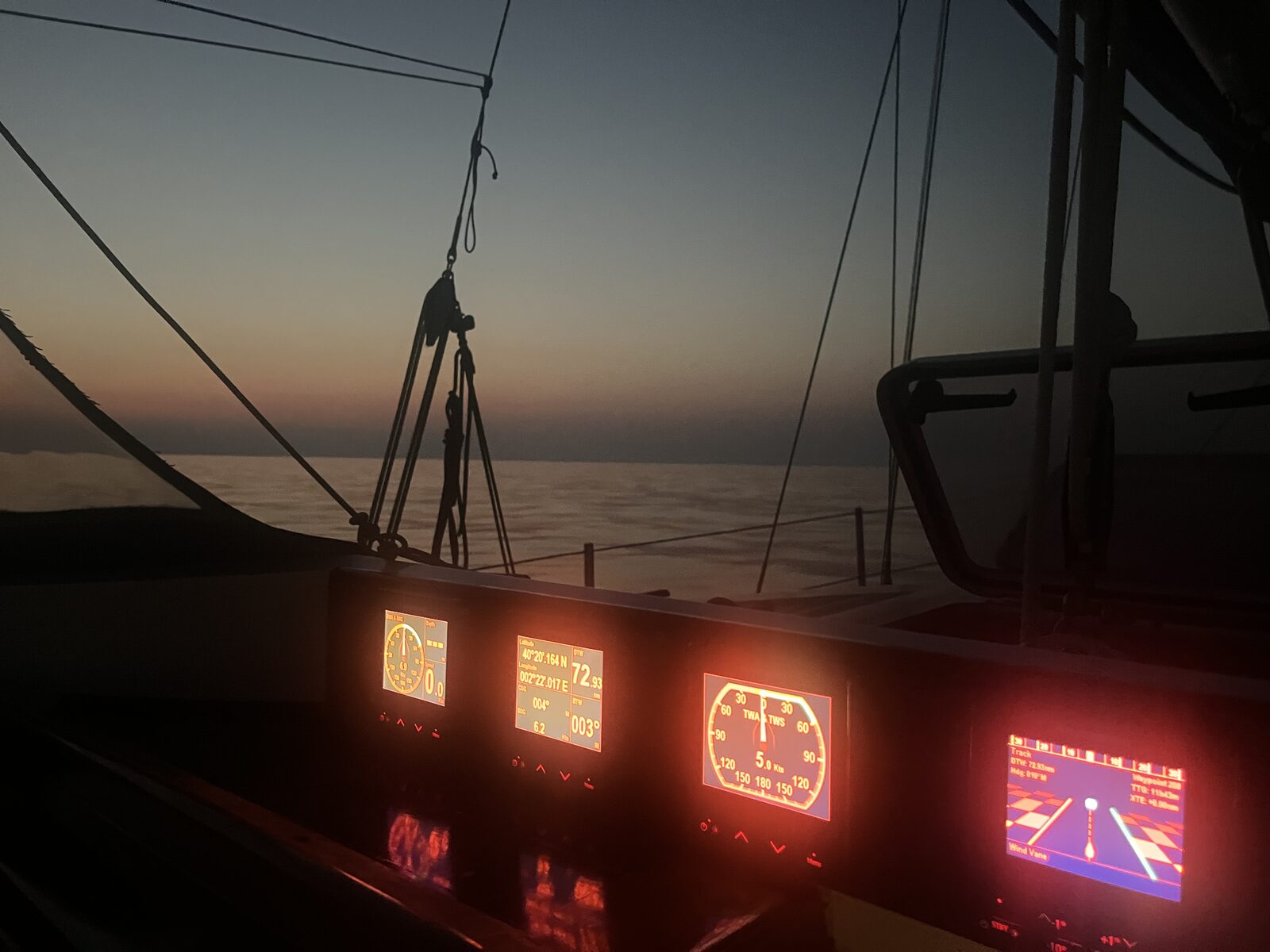 Instruments in red night mode aboard Gran Blau