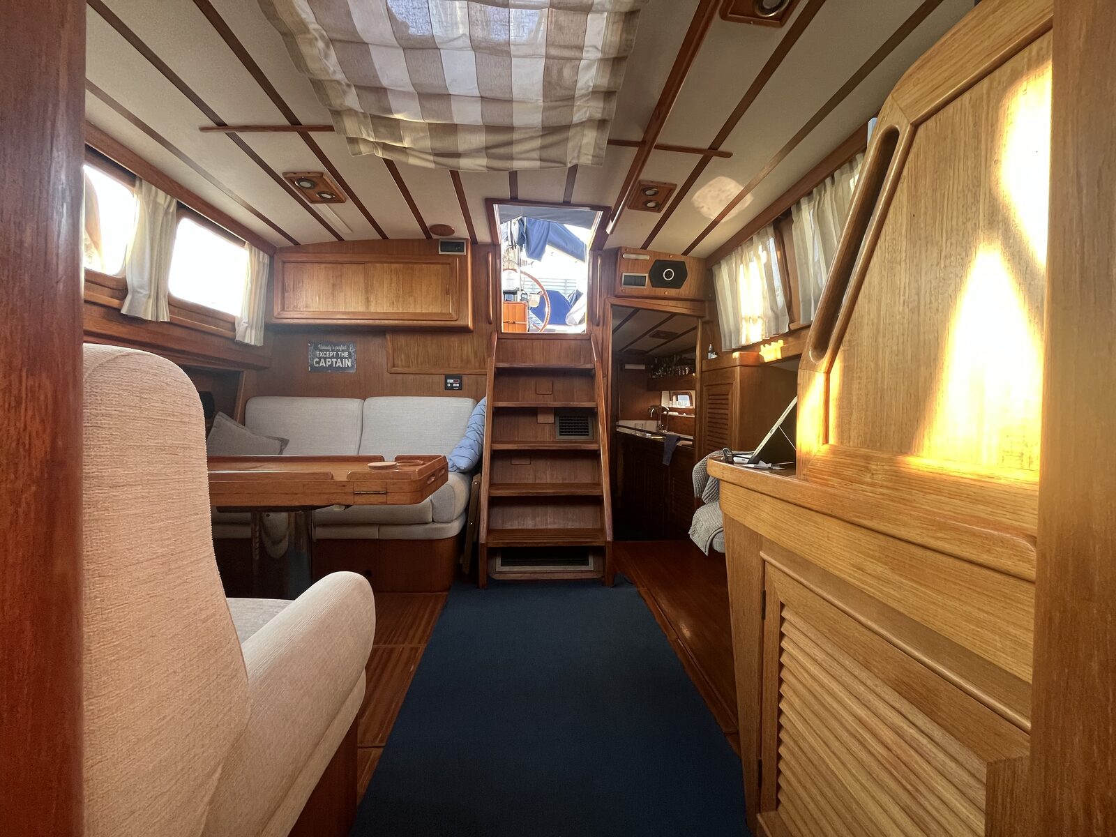 The saloon aboard Gran Blau, looking aft