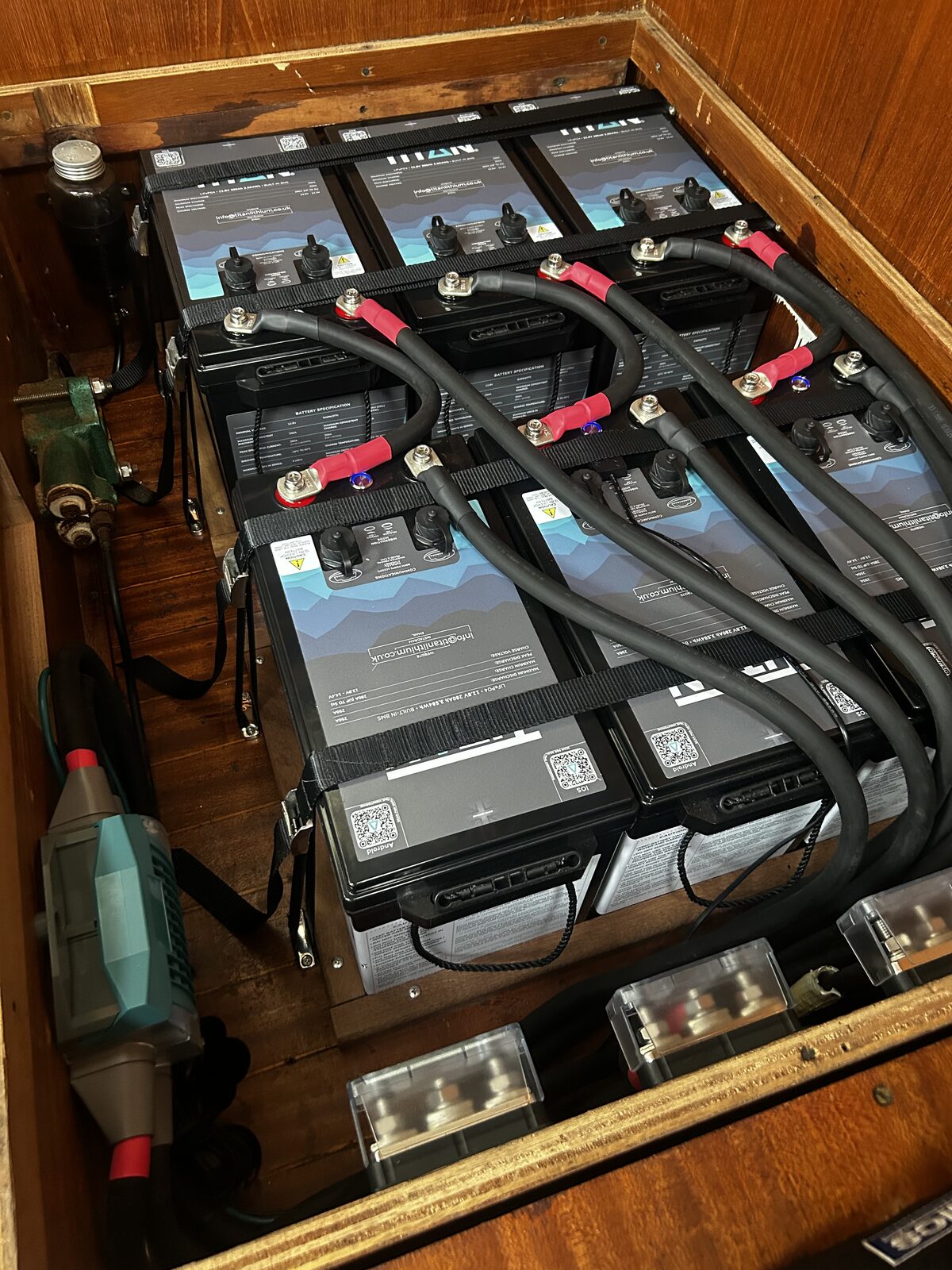 The six TITAN Lithium batteries wired up aboard Gran Blau