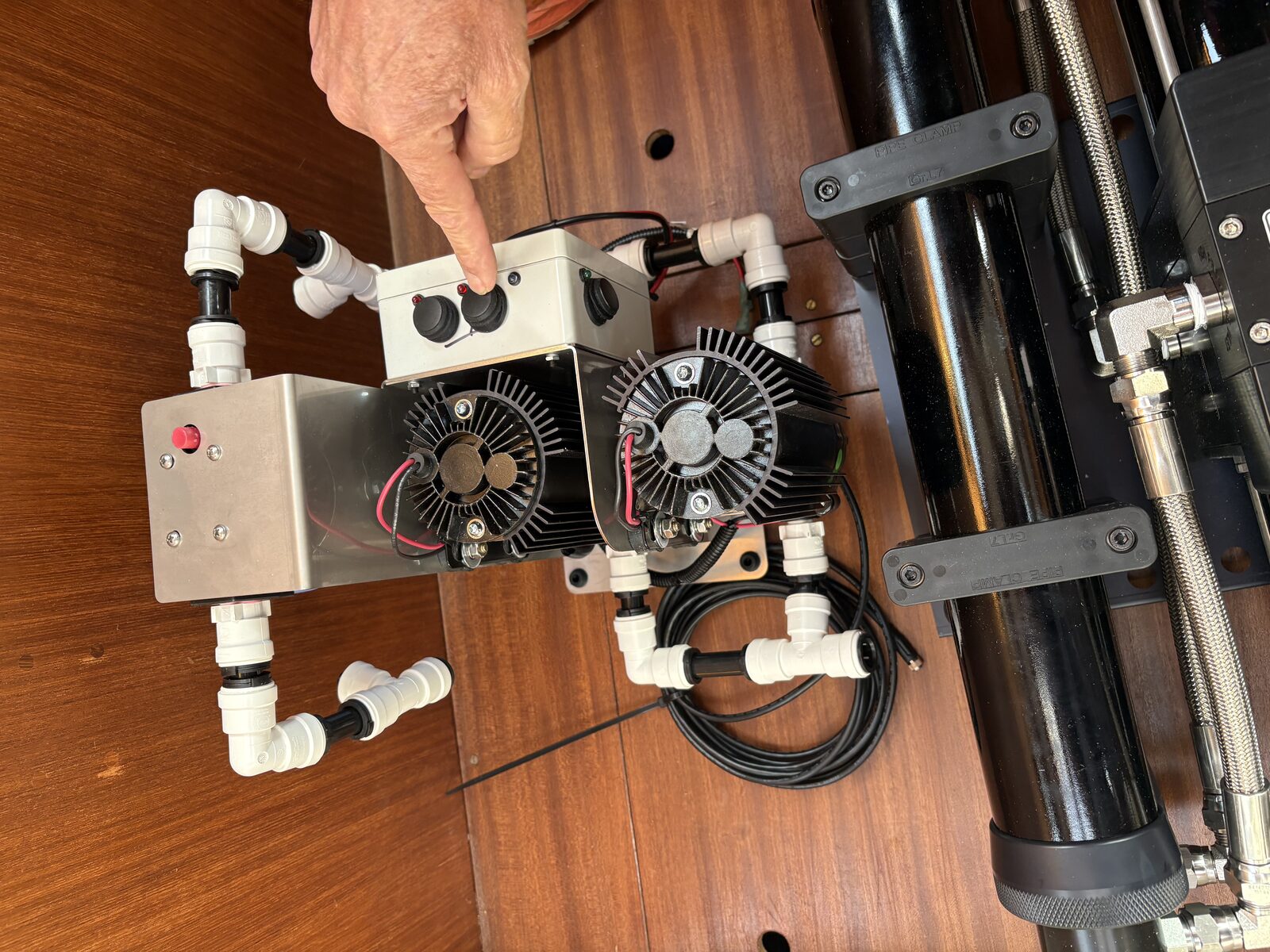 The SolarMaax 340 control panel and twin feed pumps, installed aboard Gran Blau