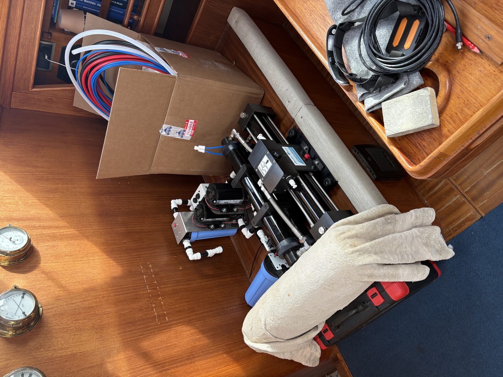 The SolarMaax 340 watermaker unboxed and assembled aboard Gran Blau, ready for installation