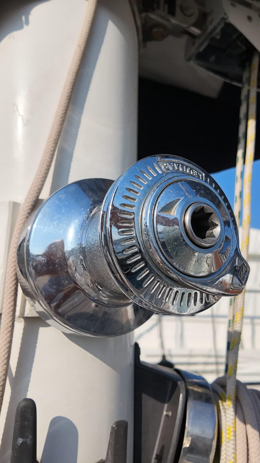 A Lewmar main mast winch aboard Gran Blau, close detail