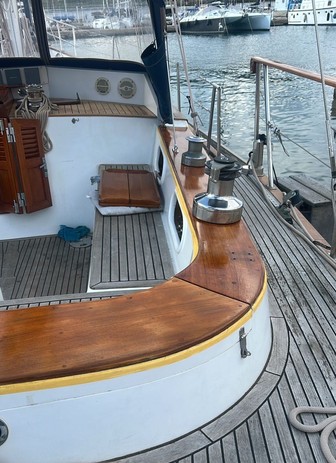 The original, undersized cockpit winches aboard Gran Blau before the refit